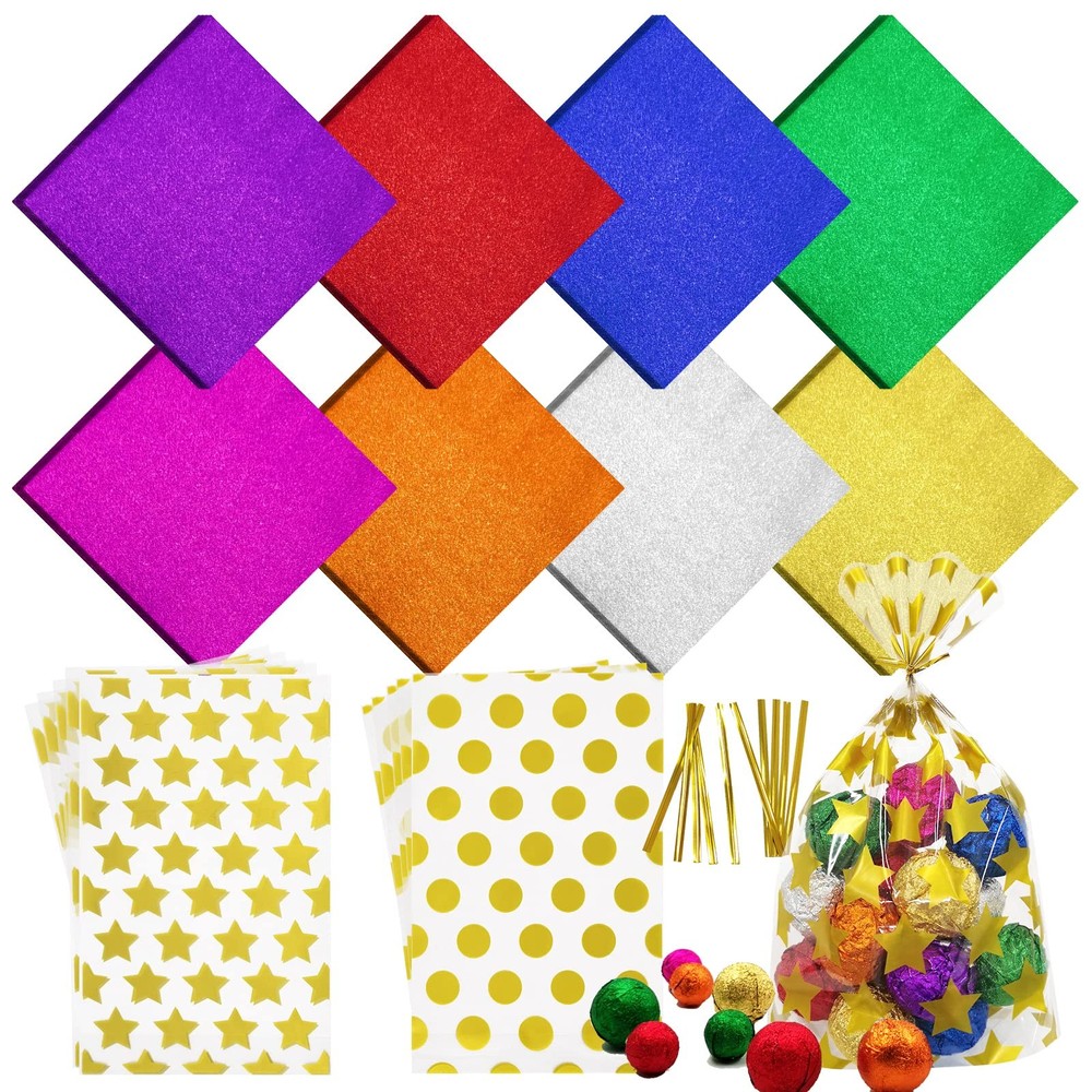 820 PCS Food Grade Foil Candy Chocolate Wrappers Bags Metallic Ties 4×4 Inch