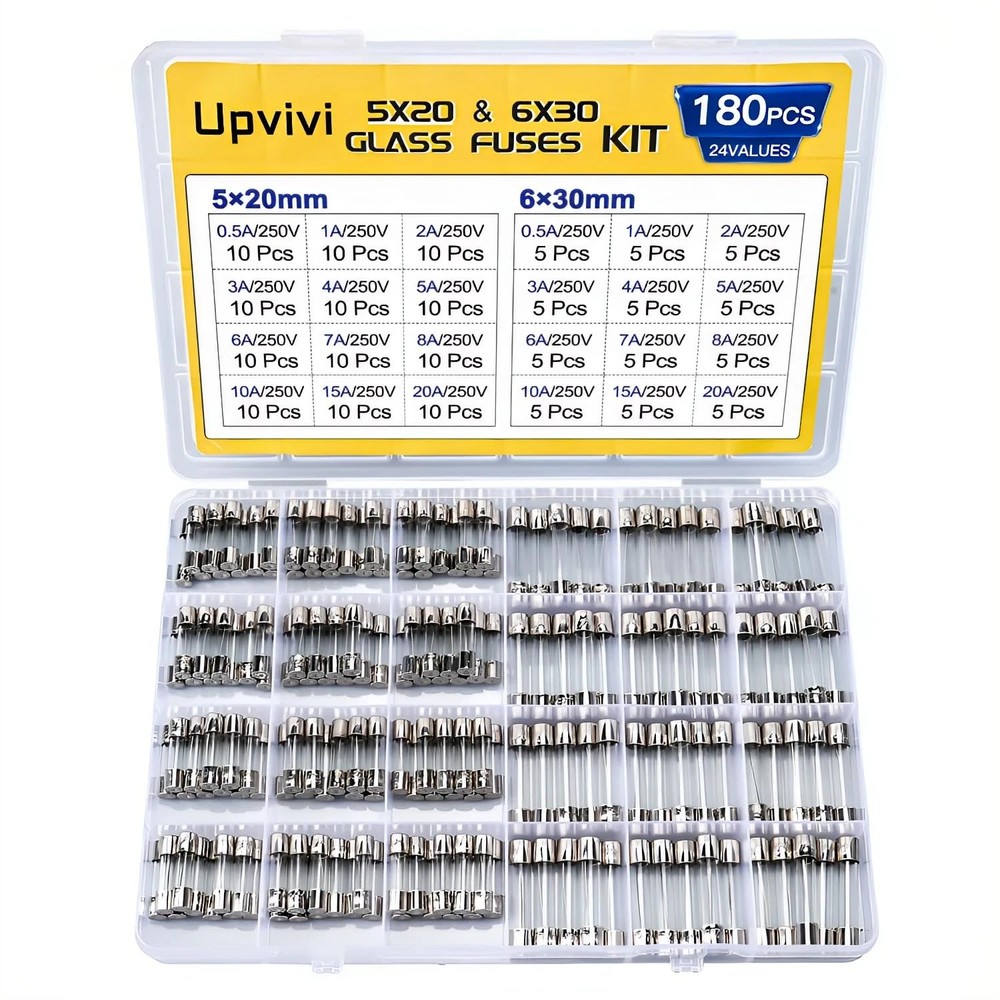 Fast Blow Glass Fuse Assortment Kit, 24 Values Glass Fuses 250V 5X20Mm 0.5A 1A 2