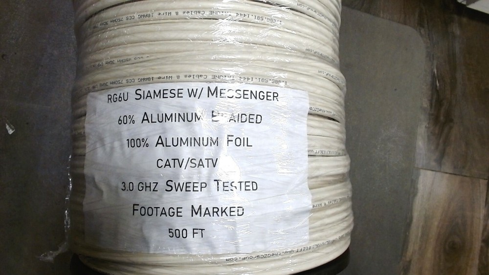 RG6U Siamese w/Messenger 500ft 60% Aluminum Braided 100% Aluminum Foil Cable CMR
