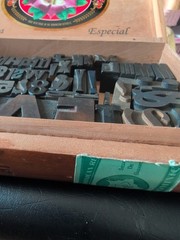 Mixed Lot Vintage Letterpress Wood Printing Blocks 59 Misc. in Old Cigar Box