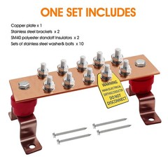 Copper Grounding Bar Kit 7.8 Inch Bus Bar 10 Terminal UL Insulator 600A