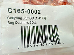PKG 25 – 3/8″ OD (1/4″ ID) Copper Sweat / Solder Coupling PN: C165-0002