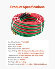 Oxygen Acetylene Hose 1/4-Inch x 50FT T Grade Hose 300PSI Max Working Pressure