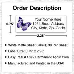 60 Return Address Labels Personalized Sticker 3/4 x 2 1/4 Purple Butterfly
