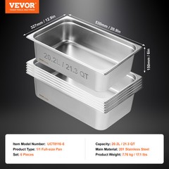 VEVOR 6 Pack Full Size Hotel Pans Steam Table Pan Stainless Steel 6″ Deep