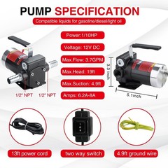 DC Gasoline Fuel Pump 3.7GPM Self-priming Oil Transfer Pump With Handle, Reversi