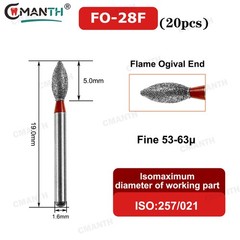 20PCS Dental Diamond Burs Flame Ogival FG Coarse/Fine Grit Polishing High Speed