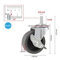 4pcs Caster Wheels, 3″ Locking Swivel Stem Casters Set with Brake, 3/8″-16 X 1″