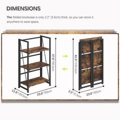 4Nm No Assembly Folding Bookshelf Storage Shelves 3 Tiers Vintage Bookcase
