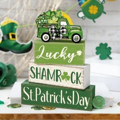 4 Pcs St Patrick’s Day Table Decorations Green Shamrocks Wooden Signs Block Fa