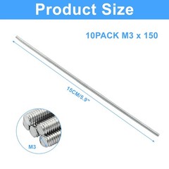 Litoexpe 10 Pack Fully Threaded Rod M3 x 150mm, 304 Stainless M3*150, Silver