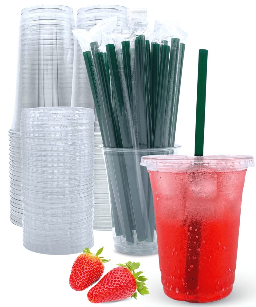 12 oz Clear Plastic Cups with Lids and Straws, Disposable 12 Ounces,