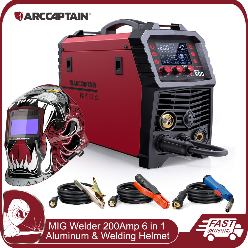 ARCCAPTAIN MIG Welder 200Amp 6 in 1 Aluminum LED Stick/Lift TIG + Welding Helmet