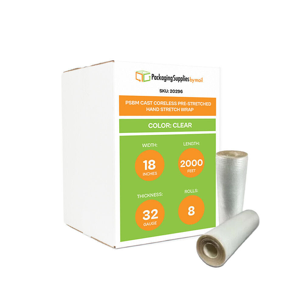 8 Roll 18″ x 2000′ (32 Ga) Coreless Stretch Hand Wrap With Swivel Handle, Clear