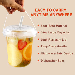 34Oz Disposable Plastic Cups with Lids and Straws – 10 Pack for Beverages