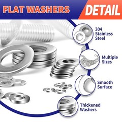 1100 Pcs Flat Washers Assortment Kit-304 Stainless Steel, 9 Metric Size (M2–M12)