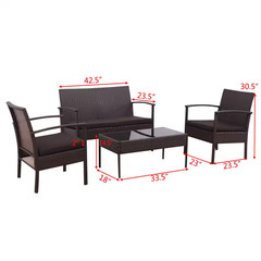 4-Piece Rattan Wicker Patio Conversation Set Loveseat Sofa with Brown Cushions G