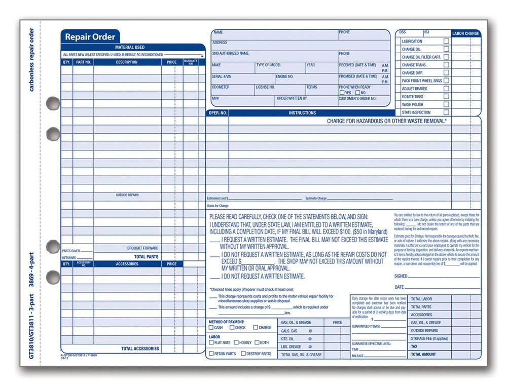 Adams Garage Repair Order Forms, 8.5 x 11.44 Inches, 3 Part, 50 Sets, White