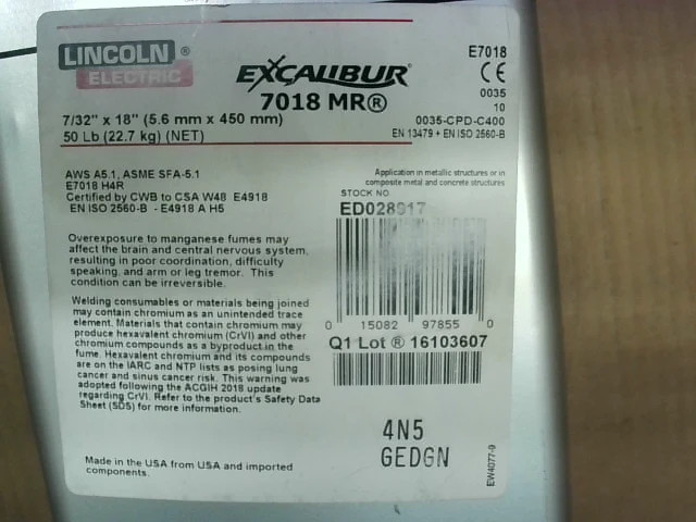 Lincoln Electric Excalibur 7018 MR 7/32″ x 18″ ED028917 50lbs S-New In Box