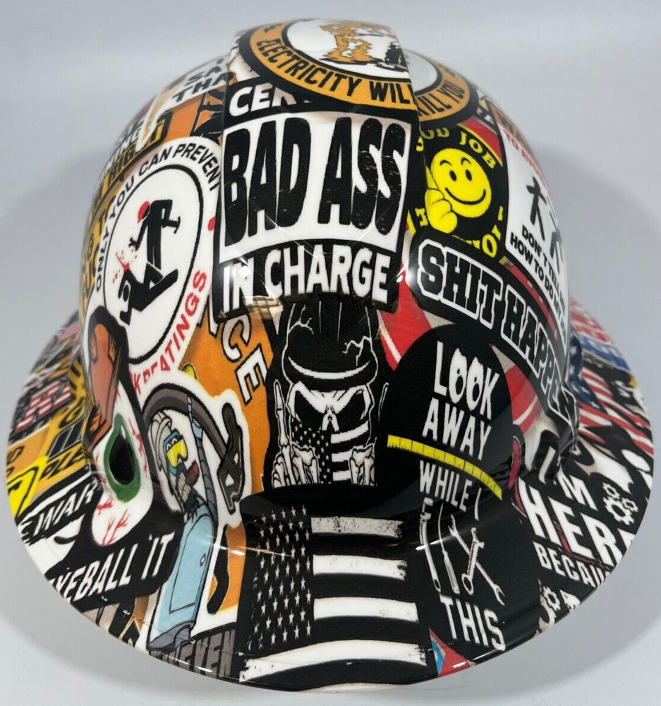 New Full Brim Hard Hat Custom Hydro Dipped CONSTRUCTION BAD ASS STICKER BOMB
