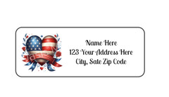 30 Patriotic Heart Flag PERSONALIZED RETURN ADDRESS LABELS 1 in X 2 5/8 GLOSSY