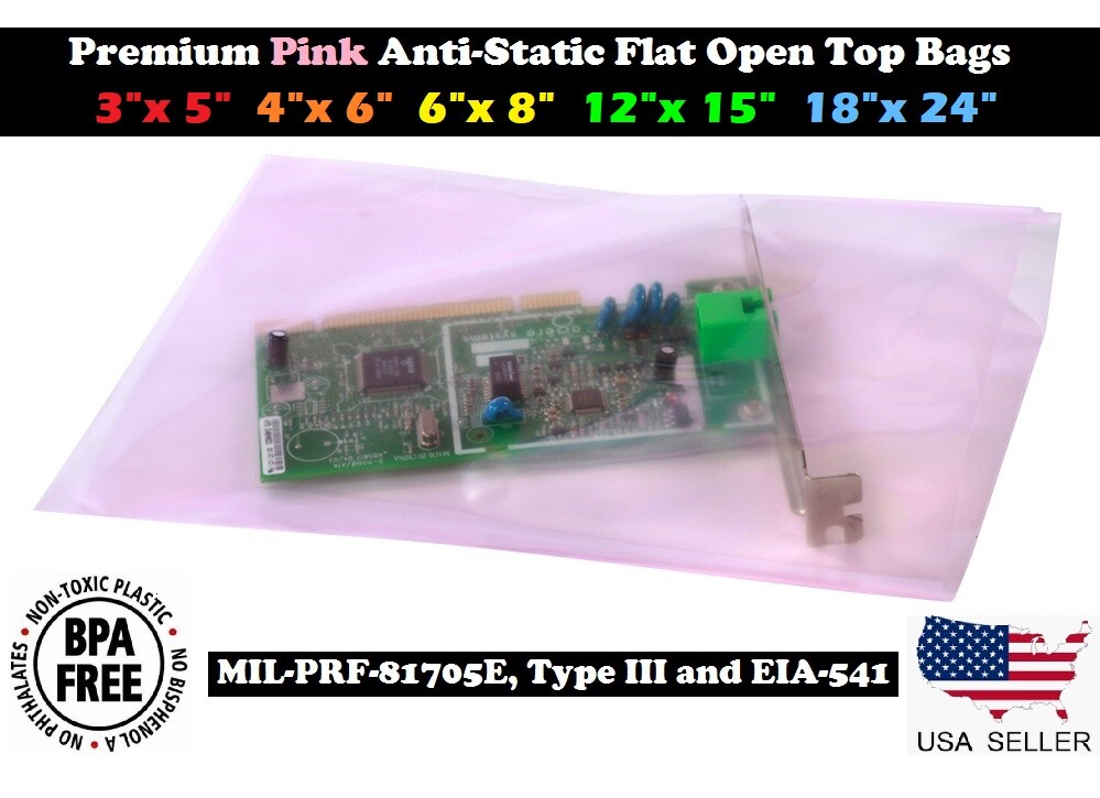 Pink Anti-Static Flat Open Top Poly Plastic Bags 2MIL Hard Drives Electronics
