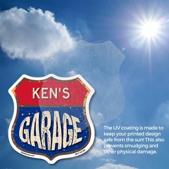 Ken’s Garage Shield Shaped Sign Weather Resistant Crafted in the USA