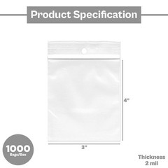 1000 Pcs Resealable Zipper Plastic Shipping Bags w/ Hang Hole 3″ x 4″ 2 Mil