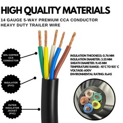 5 Way Trailer Wire Heavy Duty 14 AWG/Gauge CCA 5 Conductor Wire RV Trailer Tow