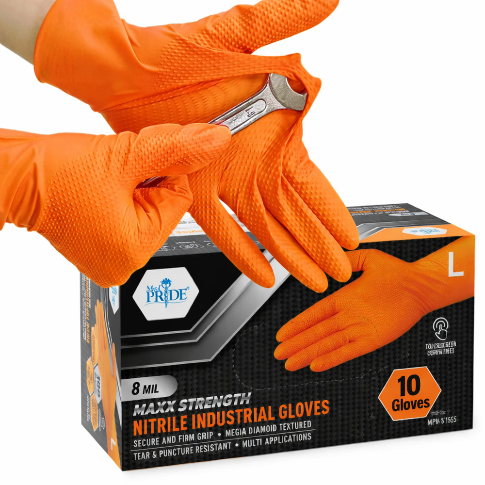 Heavy Duty Orange Nitrile Gloves 8Mil Industrial Disposable Diamond Oran 10PCS