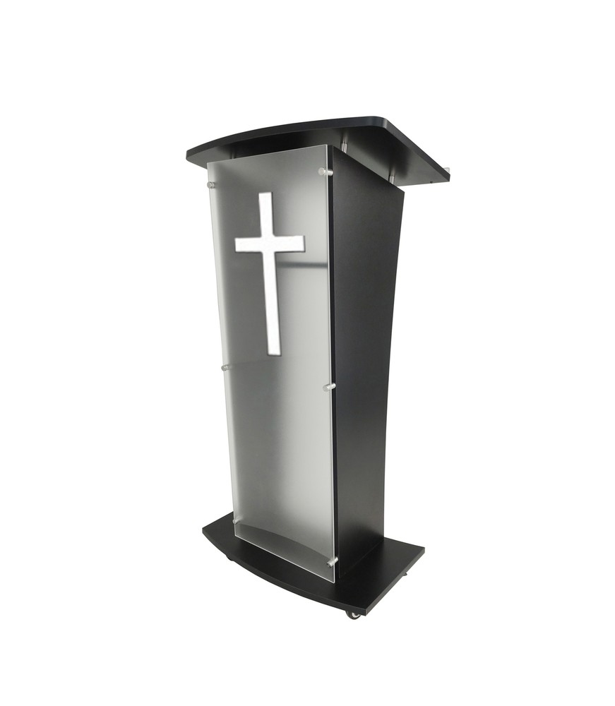 Black Wood Chruch Podium Acrylic Panel 46.5″Pulpit Lectern Christian Cross