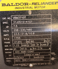 Baldor VBM3710T 7.5hp Brake Motor 1755RPM 213TC Frame 3PH 208-230/460V TEFC CL F