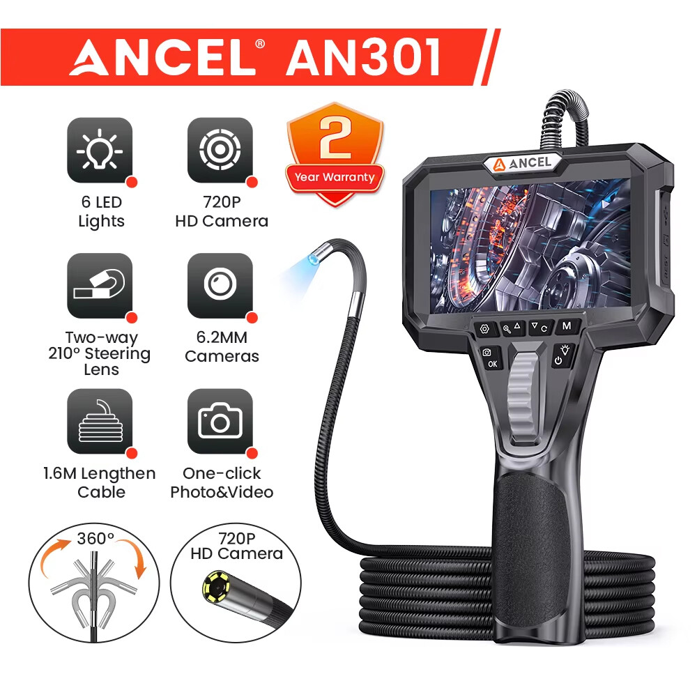 ANCEL Two-Way 180°Articulating Borescope 6.2mm Industrial Endoscope Camera 1080p