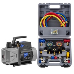2 Stage 1/2HP 5CFM AC Vacuum Pump and Manifold Gauge Set HVAC for R134a R1234yf