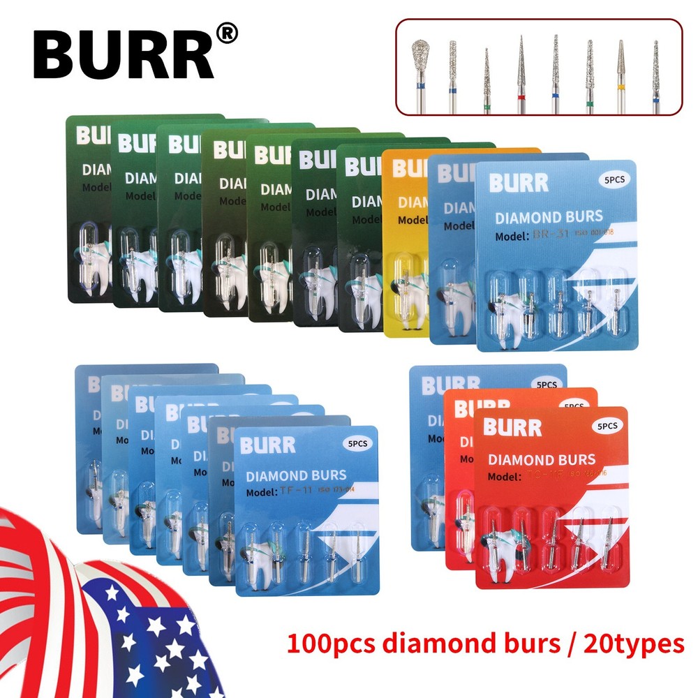 20Types 100Pcs Dental Diamond Burs Drills For High Speed Handpiece Medium FG BUR