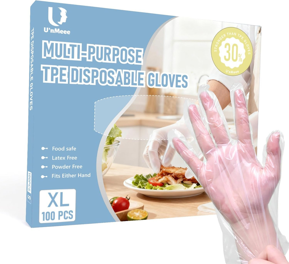 100 PCS Disposable TPE Gloves – Clear/White Plastic, Food Safe, Latex-Free,