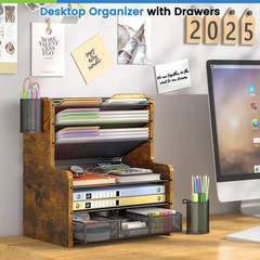 13.58 In. W X 15.04 In. H Brown Wood Metal Retro Mesh Desk Organizer with Drawer