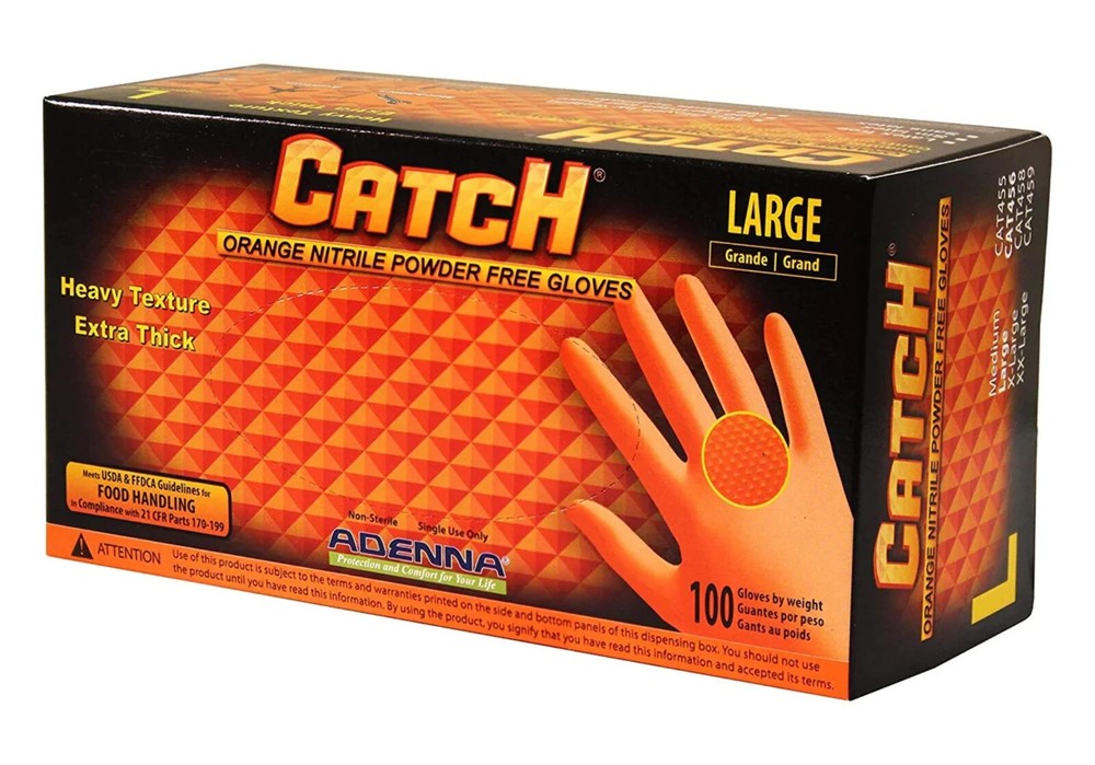 Adenna CATCH Pyramid Grip 9 Mil, Orange Nitrile PF Gloves, 1 Case, CAT45X, M-XXL