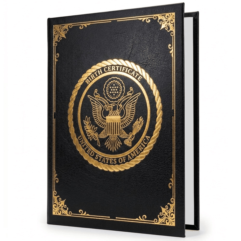Birth Certificate Holder 8.5×11 Black Faux Leather Document Protector Gold Foil