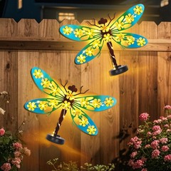 2 Pack Metal Dragonfly Outdoor Wall Decor with 30 Led Solar Lights- 13.9″ Out…