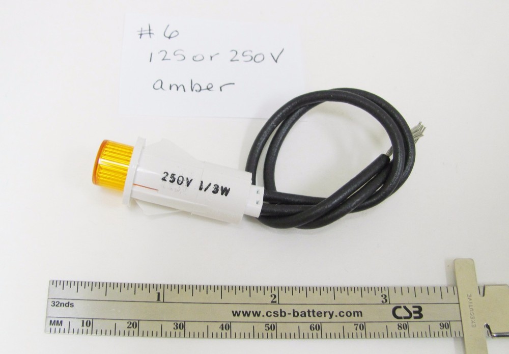 125V / 250V 1/3W Amber Neon Panel Mnt Indicator 6″ wire Leads 1/2″ Round, NEW
