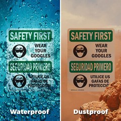 (2 Pack) Wear Your Goggles Bilingual OSHA Safety First Sign Decal Metal Plastic