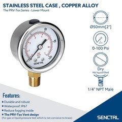 SENCTRL 0-100 Psi Pressure Gauge, 2″ Dial Size, 1/4 NPT Lower Mount, 0-100Psi