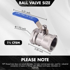 1-Piece 11/2″ Ball Valve Full Port,316 Stainless Steel, 1000 WOG for Water 2PACK