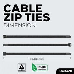 100 Pieces 15″ Black Nylon Cable Straps Zip Ties Wire 50 Lbs Tensile Strength