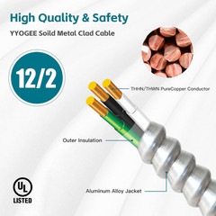 12/2 50FT MC Cable with Ground, 12 Gauge Wire Metal Clad Cable with Solid
