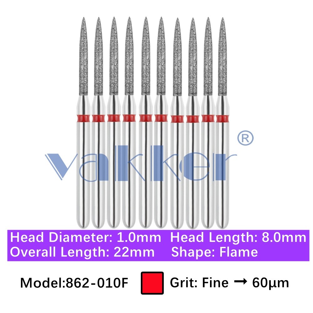 Vakker 10pc Dental Fine Grit 862-010F Diamond Burs Friction Grip Flame Shape