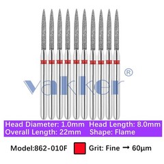 Vakker 10pc Dental Fine Grit 862-010F Diamond Burs Friction Grip Flame Shape