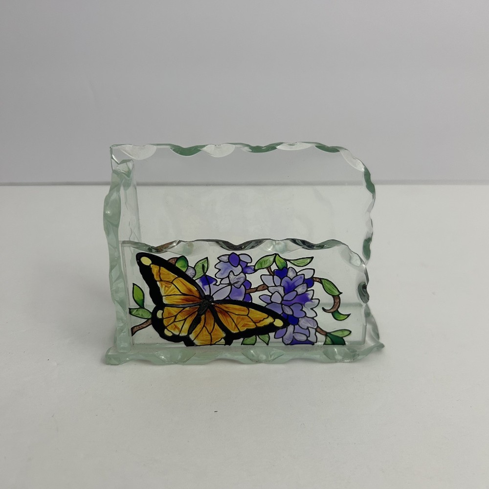 Joan Baker designs wings & wisteria cut glass hand painted business card holder