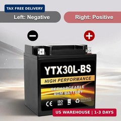 YTX30L-BS 12V 30Ah AGM Sealed Motorcycle Battery, Maintenance-Free, Compatible w